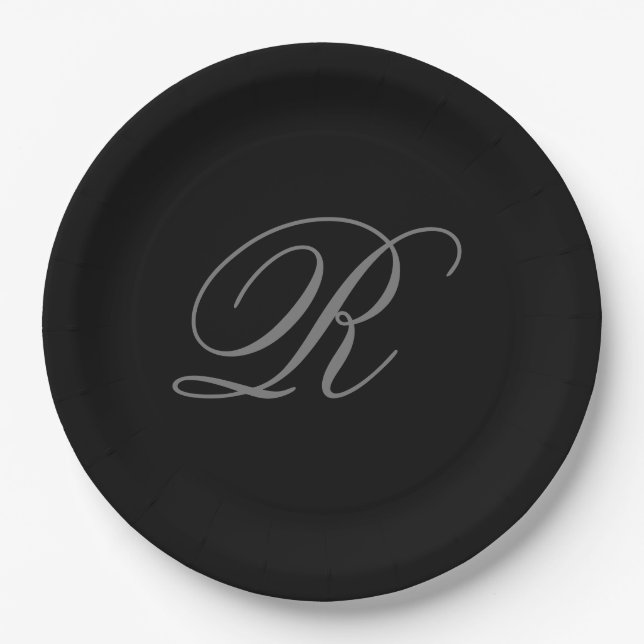 Black Grey Plain Minimalist Add Initial Monogram Paper Plate (Front)