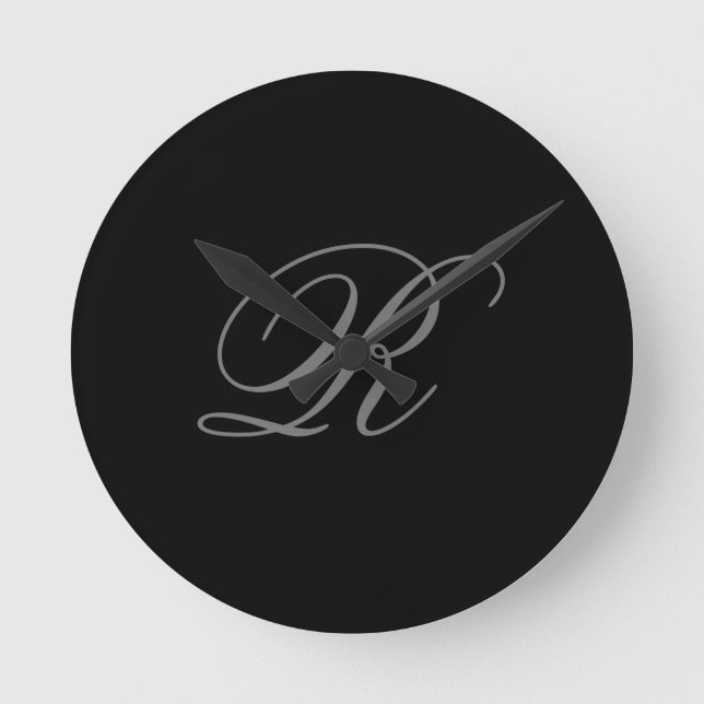 Black Grey Plain Minimalist Add Initial Monogram Round Clock (Front)
