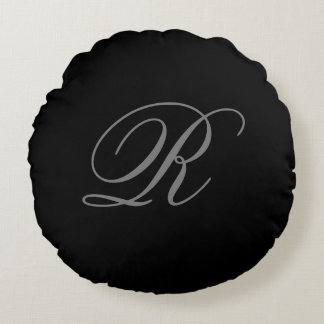 Black Grey Plain Minimalist Add Initial Monogram Round Cushion