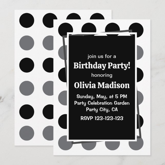 Black Grey Polka Dot Birthday Party Invitation (Front/Back)
