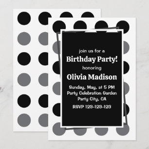 Black Grey Polka Dot Birthday Party Invitation