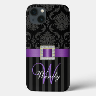 Black Grey Purple Damask Stripes Pattern iPhone 13 Case