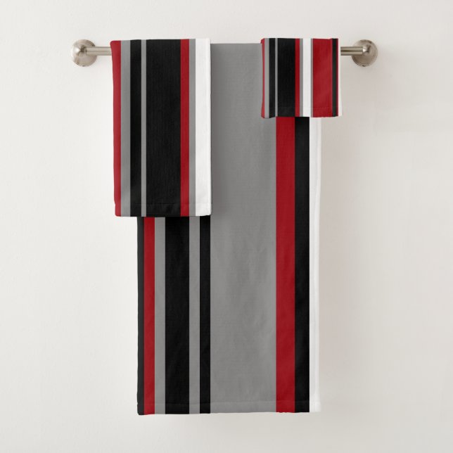 Black, Grey Red and White Stripes  Bath Towel Set (Insitu)
