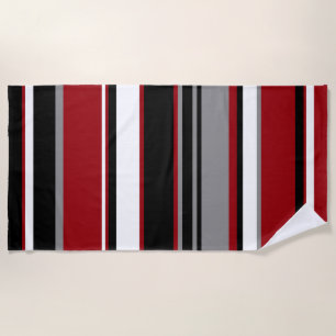 Black, Grey Red and White Stripes  Beach Towel