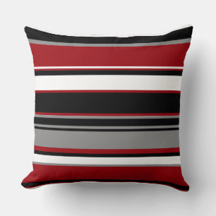 Black, Grey Red and White Stripes   Cushion