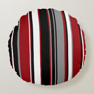 Black, Grey Red and White Stripes   Round Cushion