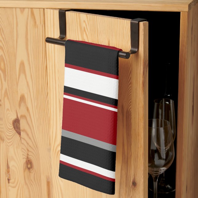 Black, Grey Red and White Stripes Tea Towel (Thirds Fold)