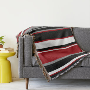 Black, Grey Red and White Stripes Throw Blanket