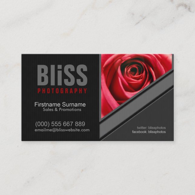 Black+Grey Red Photographer w/ Photo template Business Card (Front)