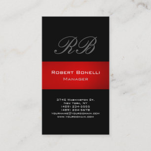 Black Grey Red Stripe Monogram Business Card