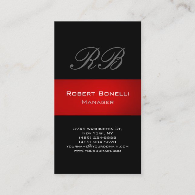 Black Grey Red Stripe Monogram Business Card (Front)