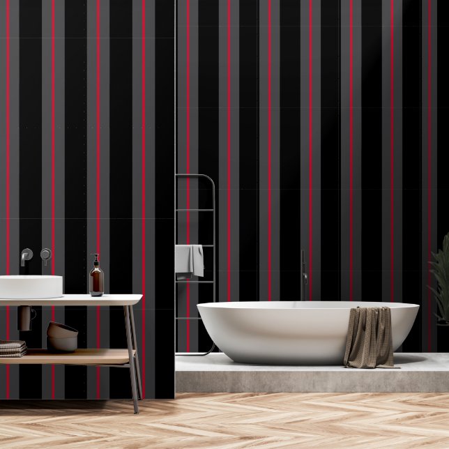 Black Grey Red Ultra Wide Six Inch Awning Stripe Wallpaper (Bathroom)