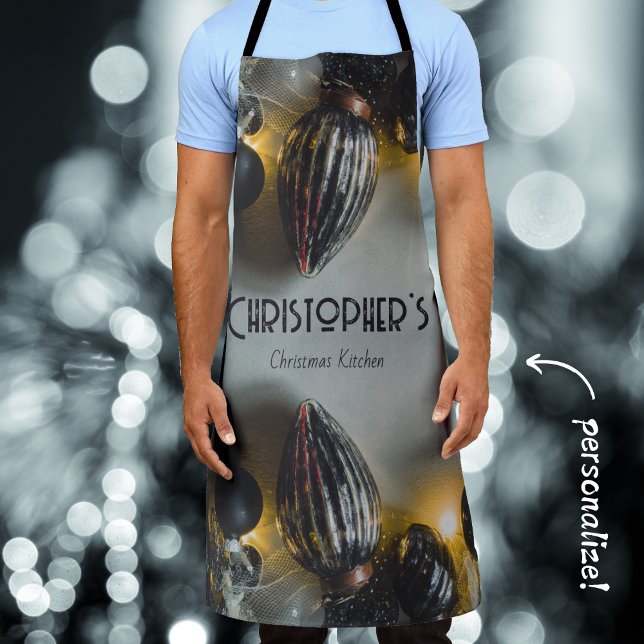 Black Grey Retro Christmas Ornaments Apron (Creator Uploaded)