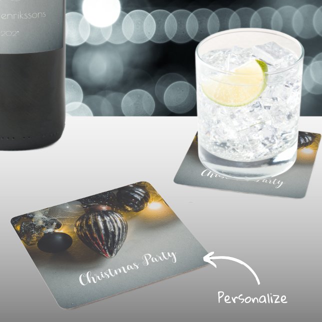 Black Grey Retro Christmas Ornaments Square Paper Coaster (Creator Uploaded)
