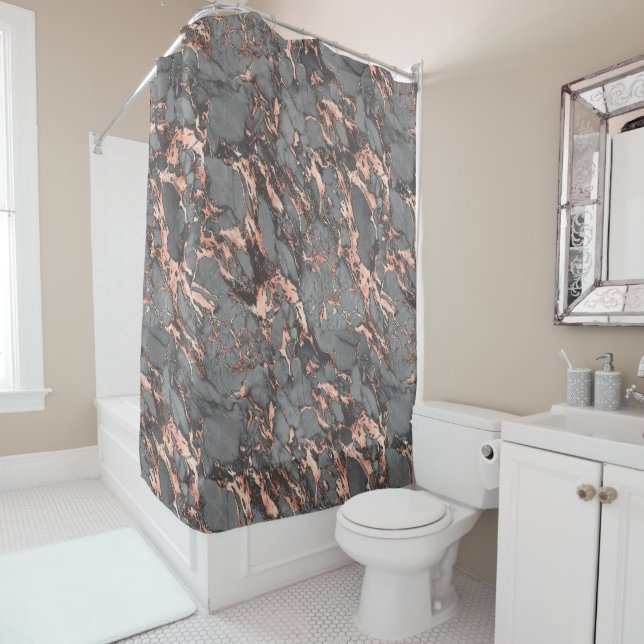 Black, Grey & Rose Gold Marble Design Shower Curtain (In Situ)
