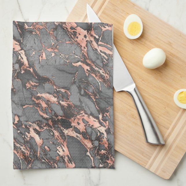 Black, Grey & Rose Gold Marble Tea Towel (Quarter Fold)