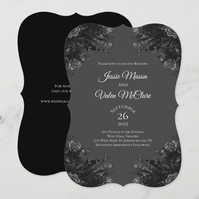  Black Grey Roses Gothic Elegant Wedding Invitation (Front/Back)