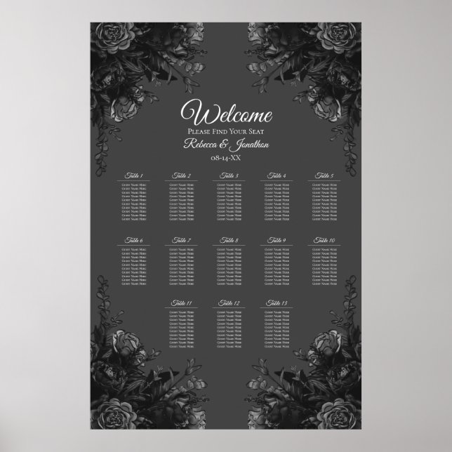 Black Grey Roses Gothic Wedding Seating Chart (Front)