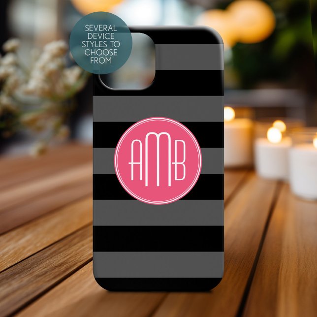 Black Grey Rugby Stripes with Hot Pink Monogram Case-Mate iPhone Case (Personalized Phone Case with Monogram)