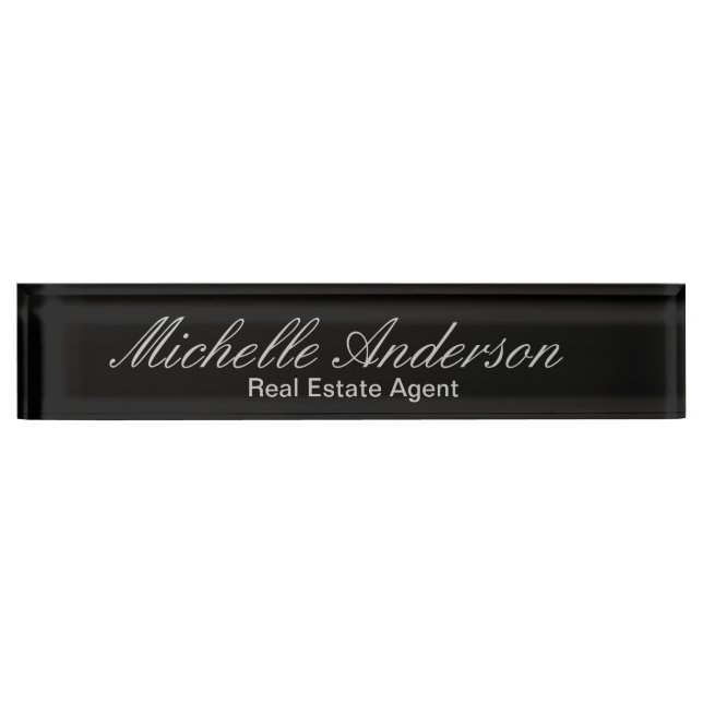 Black Grey Script Real Estate Agent Nameplate (Front)