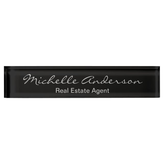 Black Grey Script Real Estate Agent Nameplate (Front)