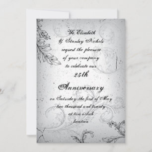 Black grey scroll 25th silver wedding anniversary invitation