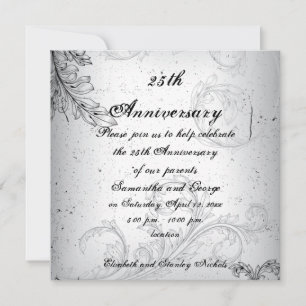 Black grey scroll leaf silver wedding anniversary invitation