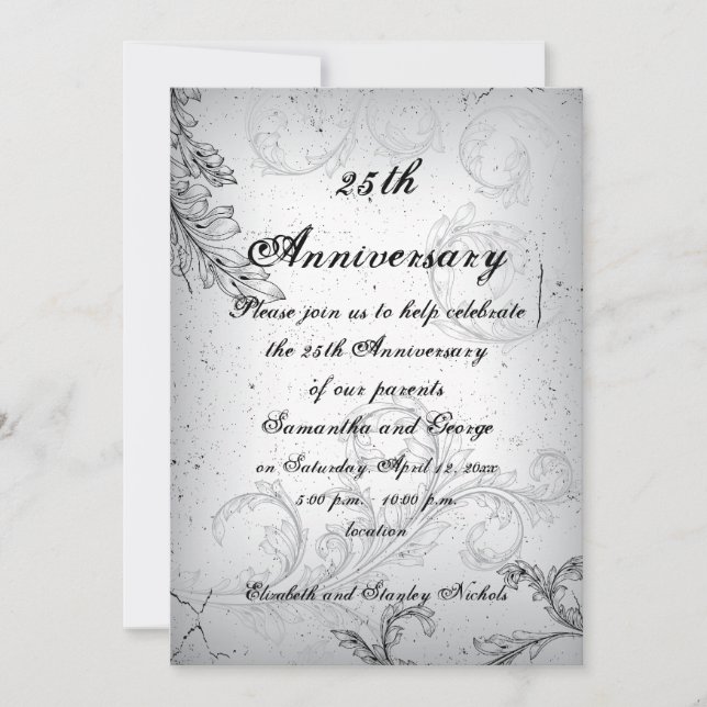 Black grey scroll leaf silver wedding anniversary invitation (Front)