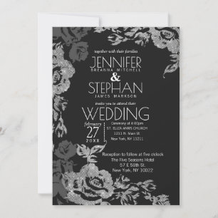 Black Grey Silver Glitter Floral Wedding Invitation