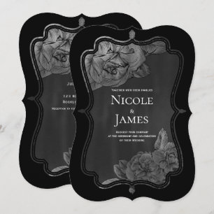 Black Grey Silver Vintage Elegant Glam Floral Invitation