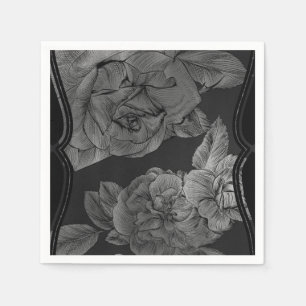Black Grey Silver Vintage Elegant Glam Floral Napkin