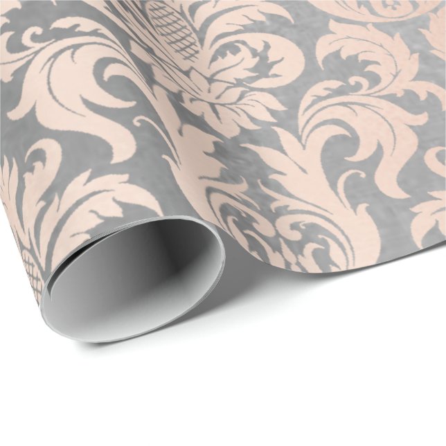 Black Grey Silver White Pink Metallic Damask Wrapping Paper (Roll Corner)