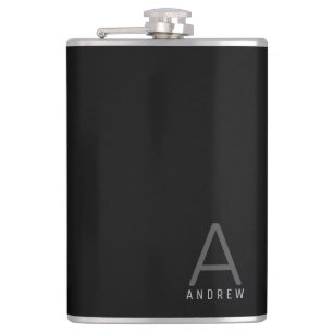 Black Grey Simple Modern Monogram Personalised Hip Flask