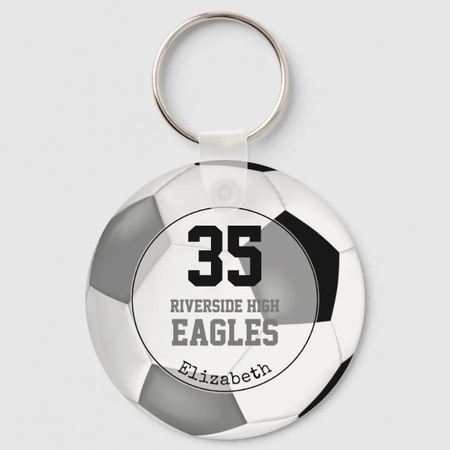 black grey simple team colours soccer ball girls' key ring (Front)