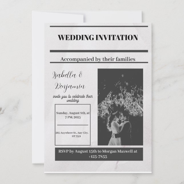 Black Grey Simple Vintage Newspaper Wedding Invita Invitation (Front)