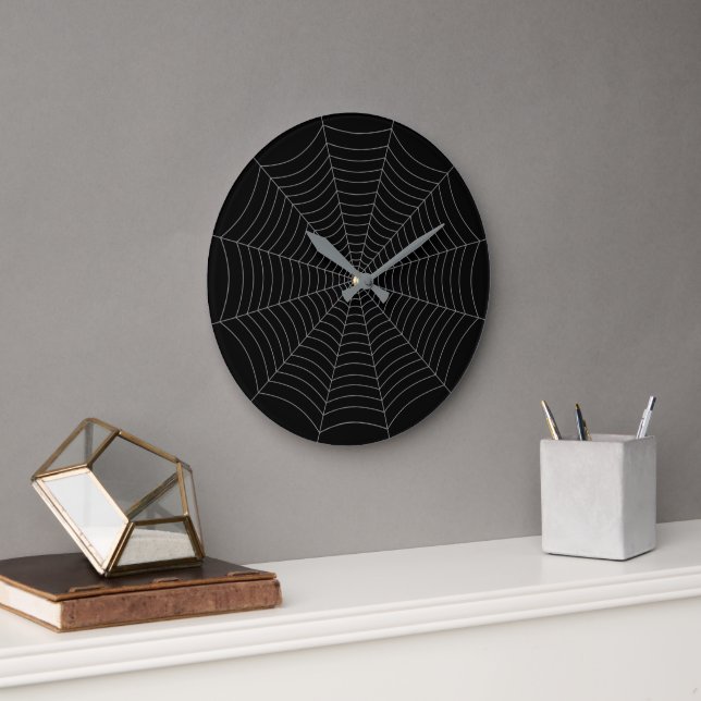 Black grey spider web Halloween pattern Large Clock (Office)