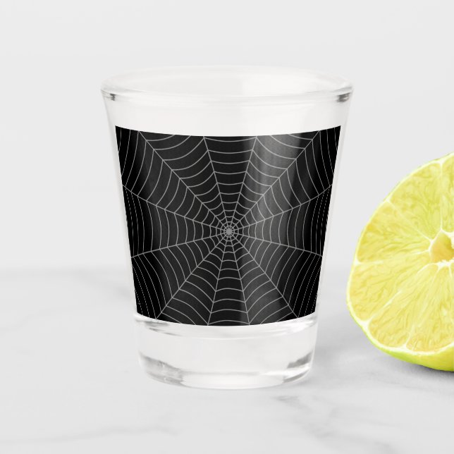 Black grey spider web Halloween pattern Shot Glass (Front)
