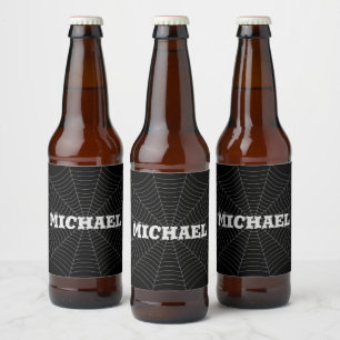Black grey spider web Halloween pattern Your name Beer Bottle Label