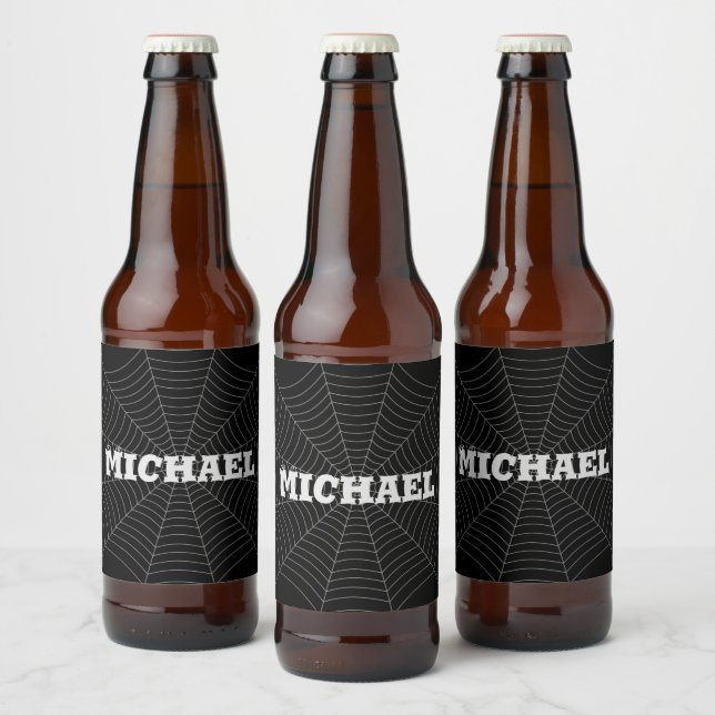 Black grey spider web Halloween pattern Your name Beer Bottle Label (Bottles)