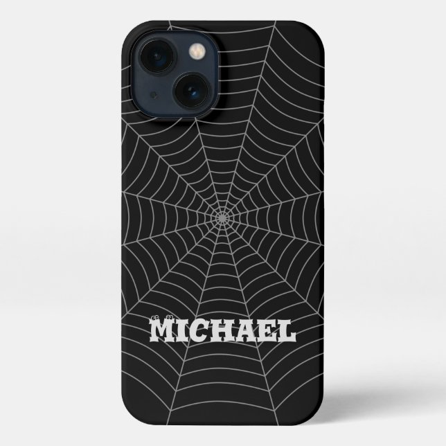 Black grey spider web Halloween pattern Your name iPhone Case (Back)