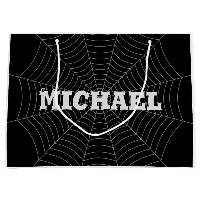 Black grey spider web Halloween pattern Your name Large Gift Bag (Front)