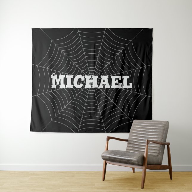 Black grey spider web Halloween pattern Your name Tapestry (In Situ (Horizontal))