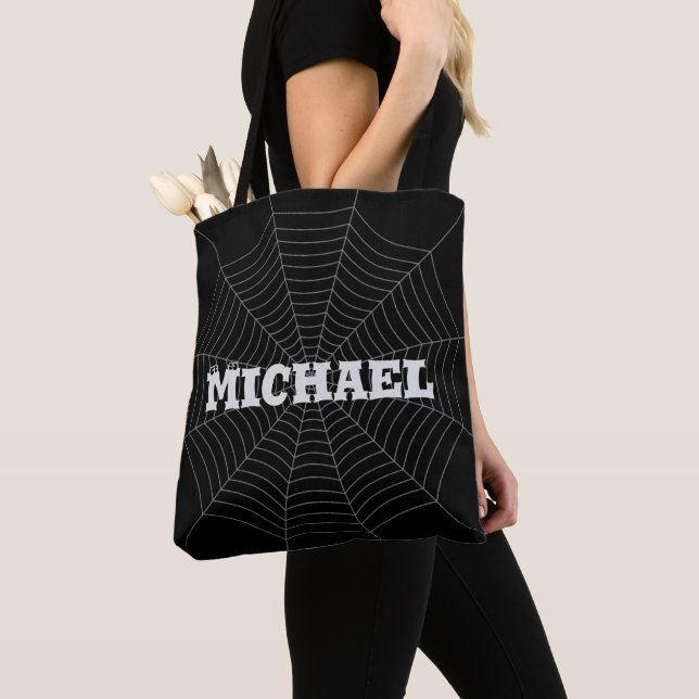 Black grey spider web Halloween pattern Your name Tote Bag (Close Up)