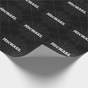 Black grey spider web Halloween pattern Your name Wrapping Paper