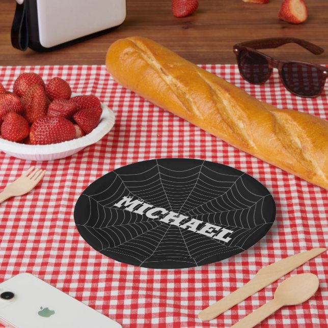 Black grey spider web Halloween Your Custom name Paper Plate (Picnic)