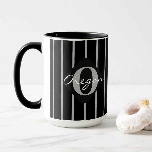 Black & Grey Stripes Coffee Mug-Oregon Mug (With Donut)