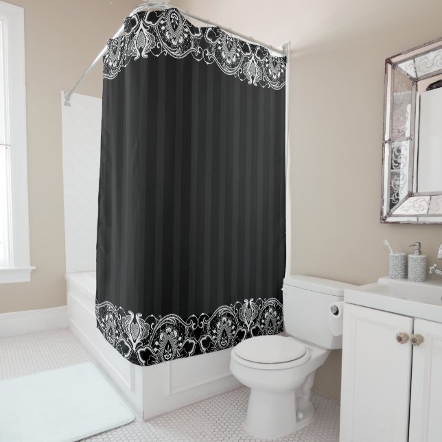 Black & Grey Stripes & White Vintage Lace Shower Curtain (In Situ)