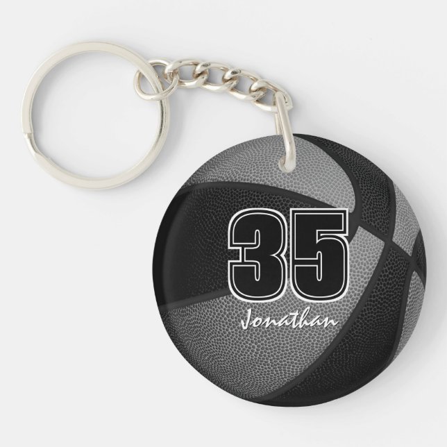 Black grey team colours boys girls basketball key ring (Front)