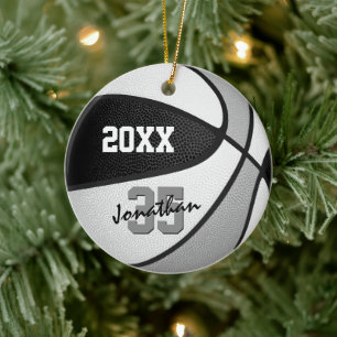 black grey team colours boys girls name basketball ceramic tree decoration