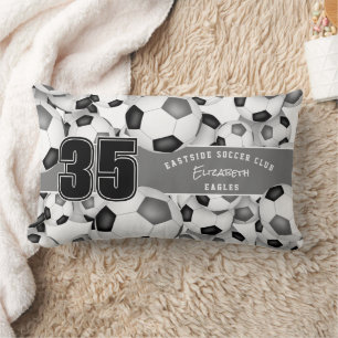 black grey team colours Lots of soccer balls Lumbar Cushion